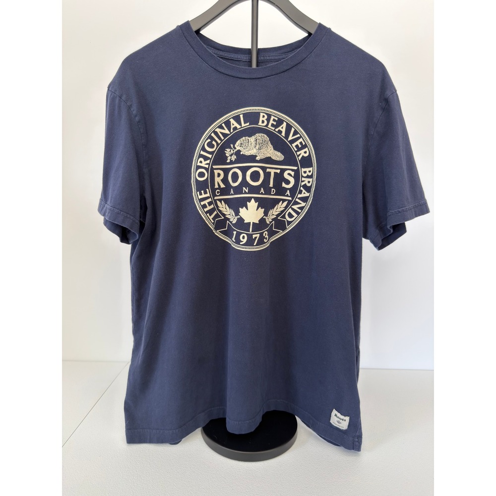 Roots Canada Mens Large Navy Blue Original Beaver Brand Logo Graphic T-Shirt L